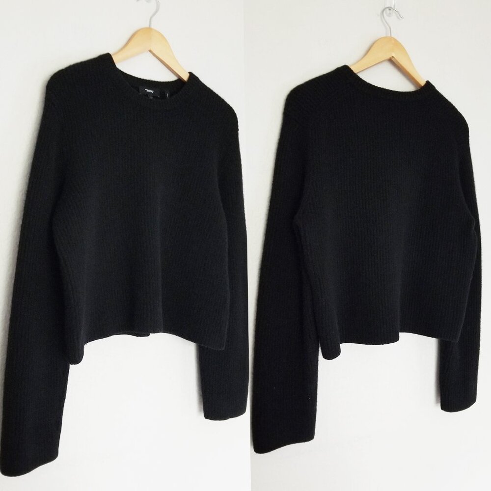 Theory Boxy Long Sleeves Felted Wool Cashmere Rib Sweater in Black Size L $425 - Picture 16 of 16